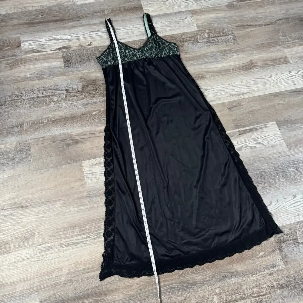 Vintage Black Sheer Lace Lingerie Slip Maxi Slit Soft Grunge Coquette Medium - Picture 7 of 7